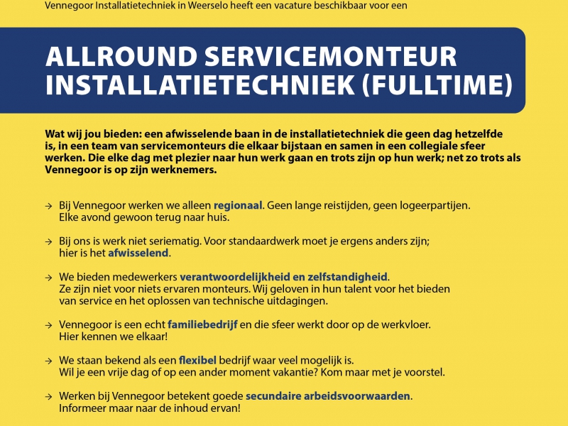 Vennegoor Installatie | Vacature allround servicemonteur